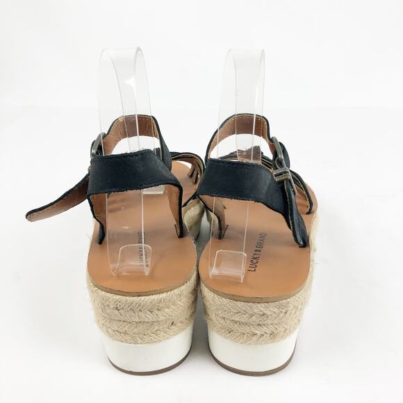 Lucky Brand Womens Juniffer Sandals 7 Black Leather Espadrille Wedge - Picture 7 of 10